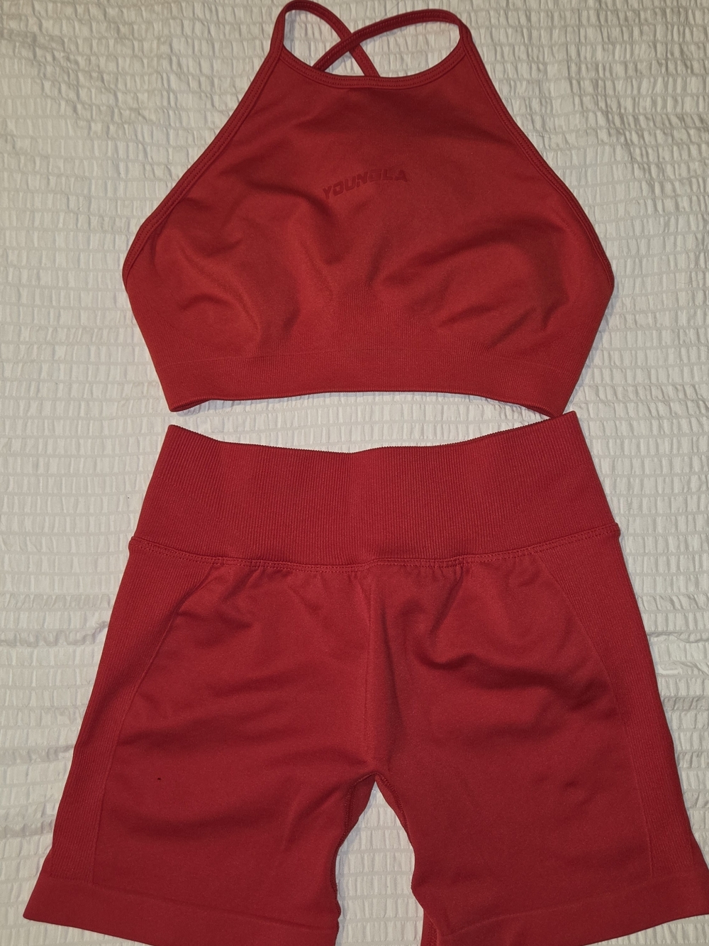 YoungLA Red Seamless Cropped Halter Top & High-Waist Bike Shorts Set